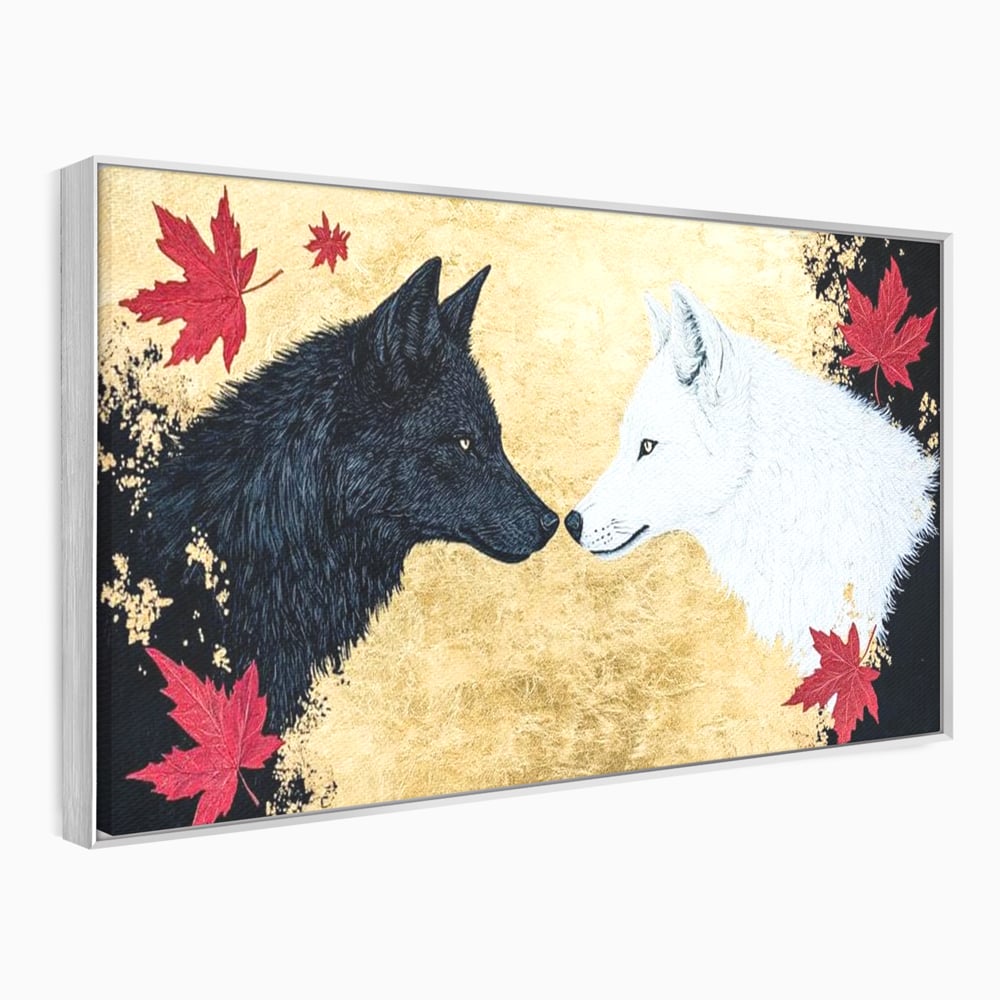 Tablou canvas cu tablou canvas cu doi lupi si frunze de artar, in rama de aluminiu argintiu