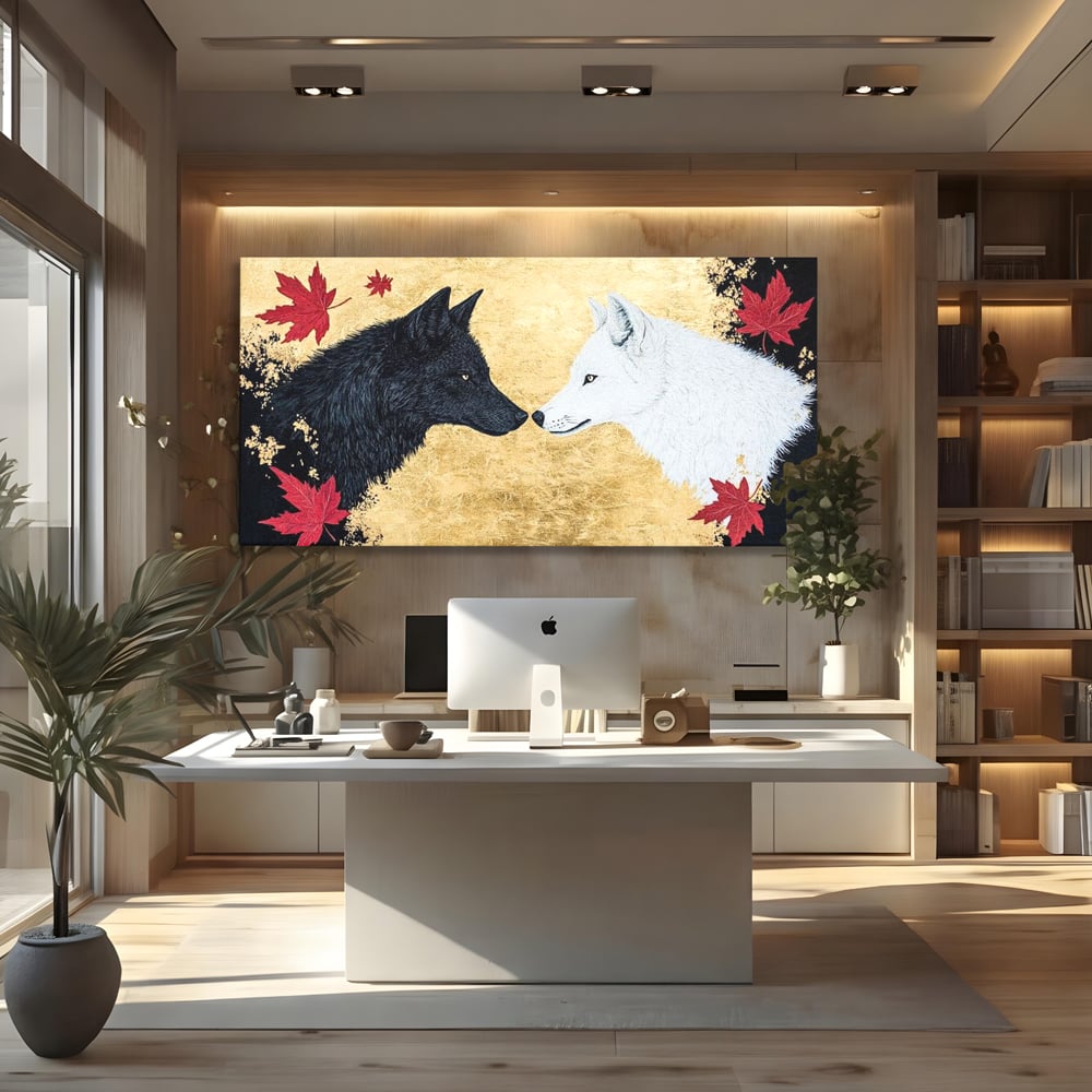 Tablou canvas cu tablou canvas cu doi lupi si frunze de artar, fara rama, pe sasiu de lemn, pe perete intr-un birou