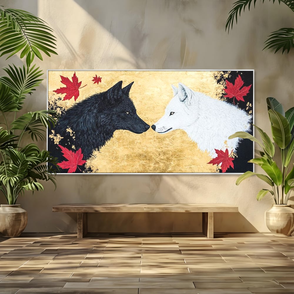 Tablou canvas cu tablou canvas cu doi lupi si frunze de artar, in rama de aluminiu argintiu