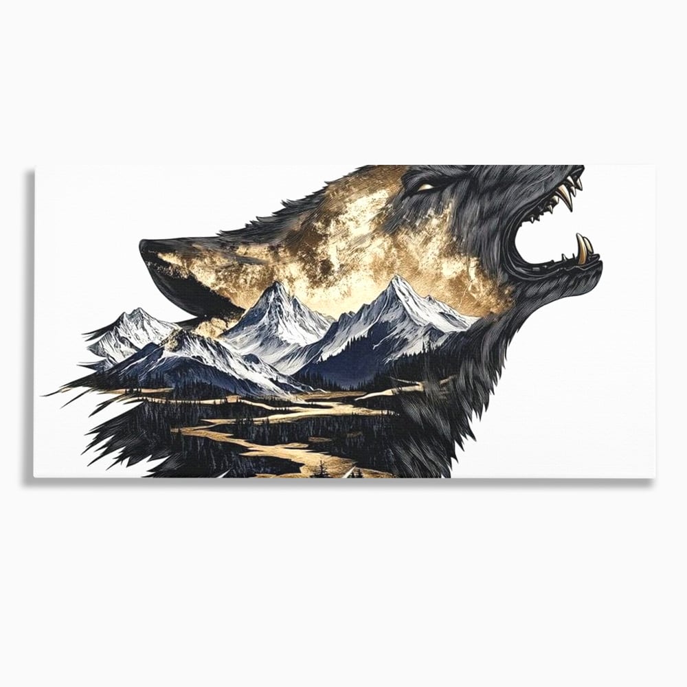 Tablou canvas cu ilustratie cu lup care urla si munti, fara rama, pe sasiu de lemn
