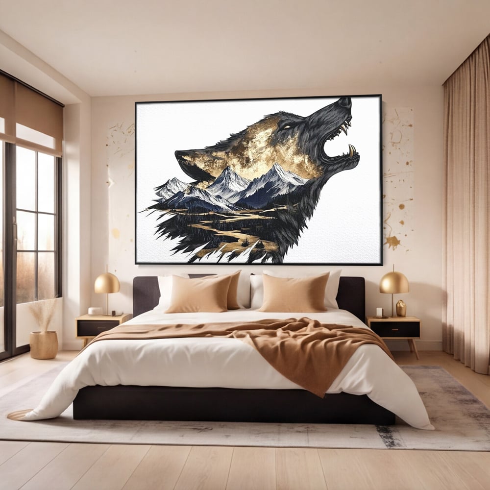 Tablou canvas cu ilustratie cu lup care urla si munti, in rama de aluminiu negru, pe perete intr-un dormitor