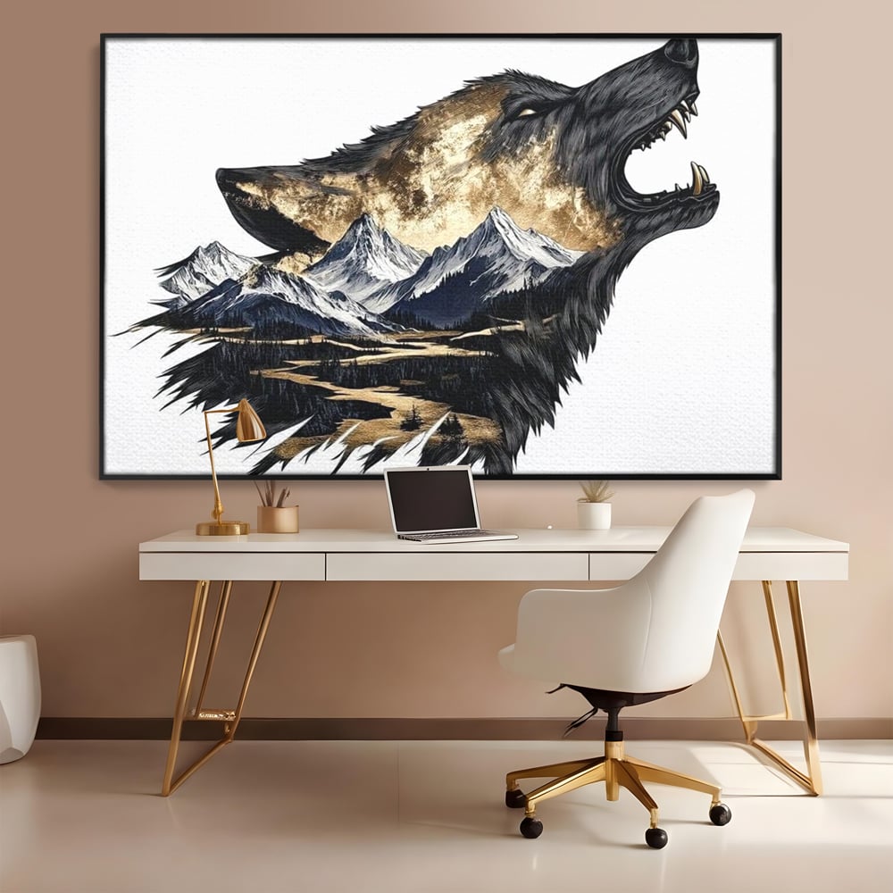 Tablou canvas cu ilustratie cu lup care urla si munti, in rama de aluminiu negru, pe perete intr-un birou