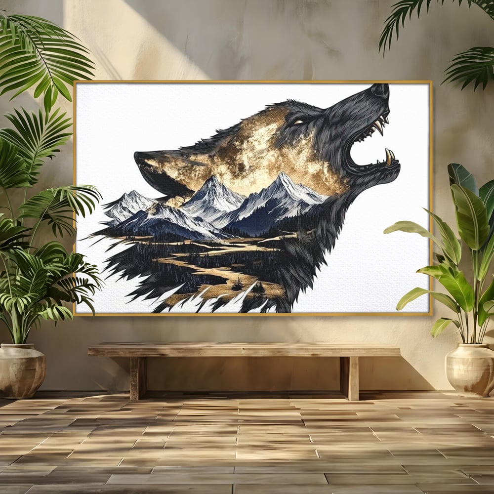 Tablou canvas cu ilustratie cu lup care urla si munti, in rama de aluminiu auriu