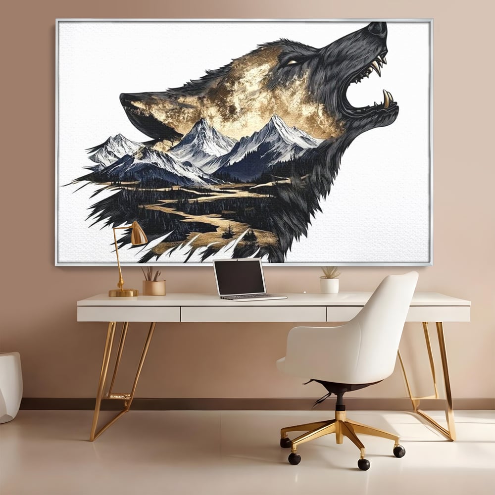 Tablou canvas cu ilustratie cu lup care urla si munti, in rama de aluminiu argintiu, pe perete intr-un birou