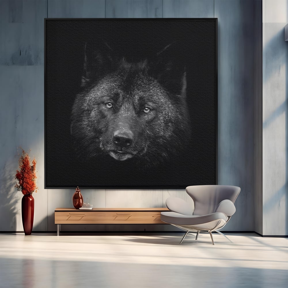 Tablou canvas cu tablou canvas cu portret de lup negru, in rama de aluminiu negru