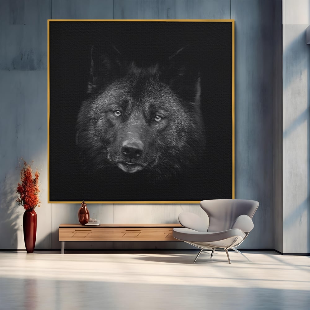 Tablou canvas cu tablou canvas cu portret de lup negru, in rama de aluminiu auriu