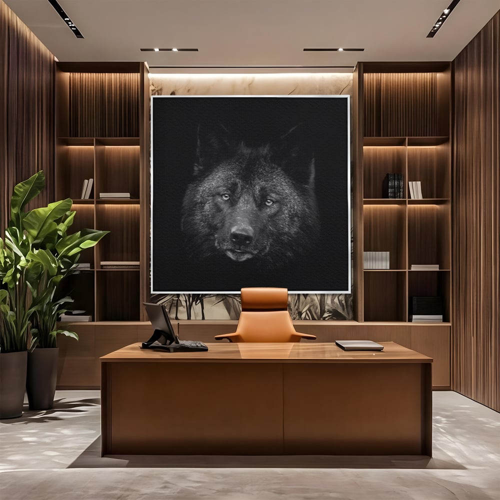 Tablou canvas cu tablou canvas cu portret de lup negru, in rama de aluminiu argintiu, pe perete intr-un birou
