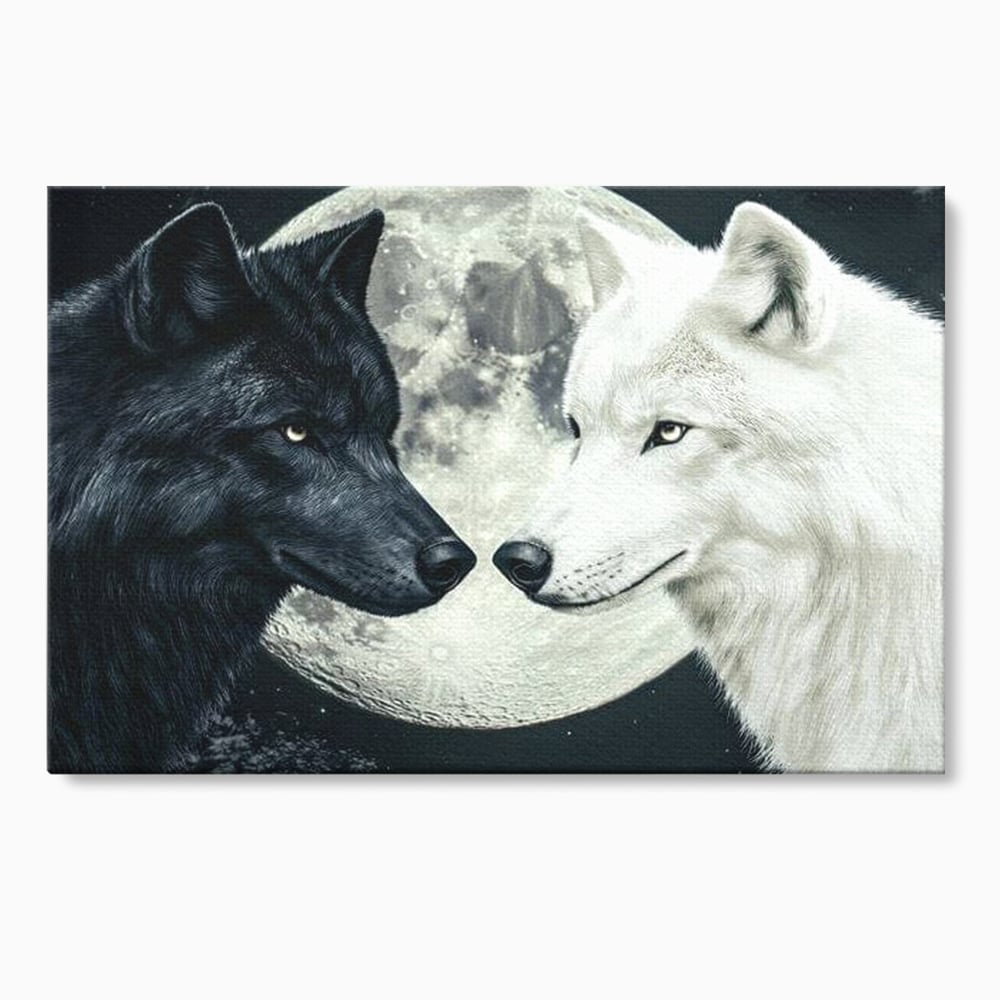 Tablou canvas cu tablou canvas cu doi lupi si luna plina, fara rama, pe sasiu de lemn