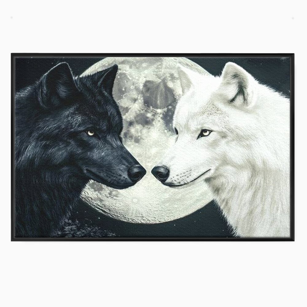 Tablou canvas cu tablou canvas cu doi lupi si luna plina, in rama de aluminiu negru