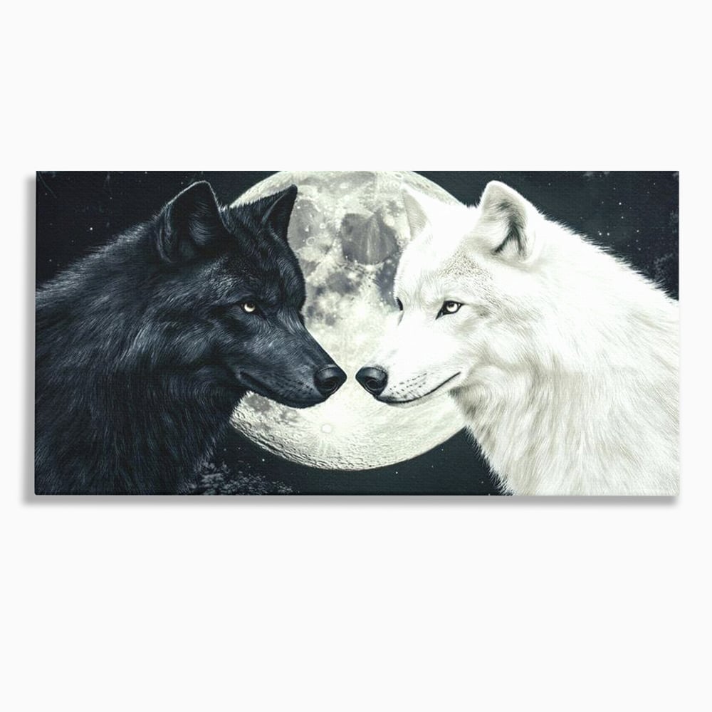 Tablou canvas cu tablou canvas cu doi lupi si luna plina, fara rama, pe sasiu de lemn