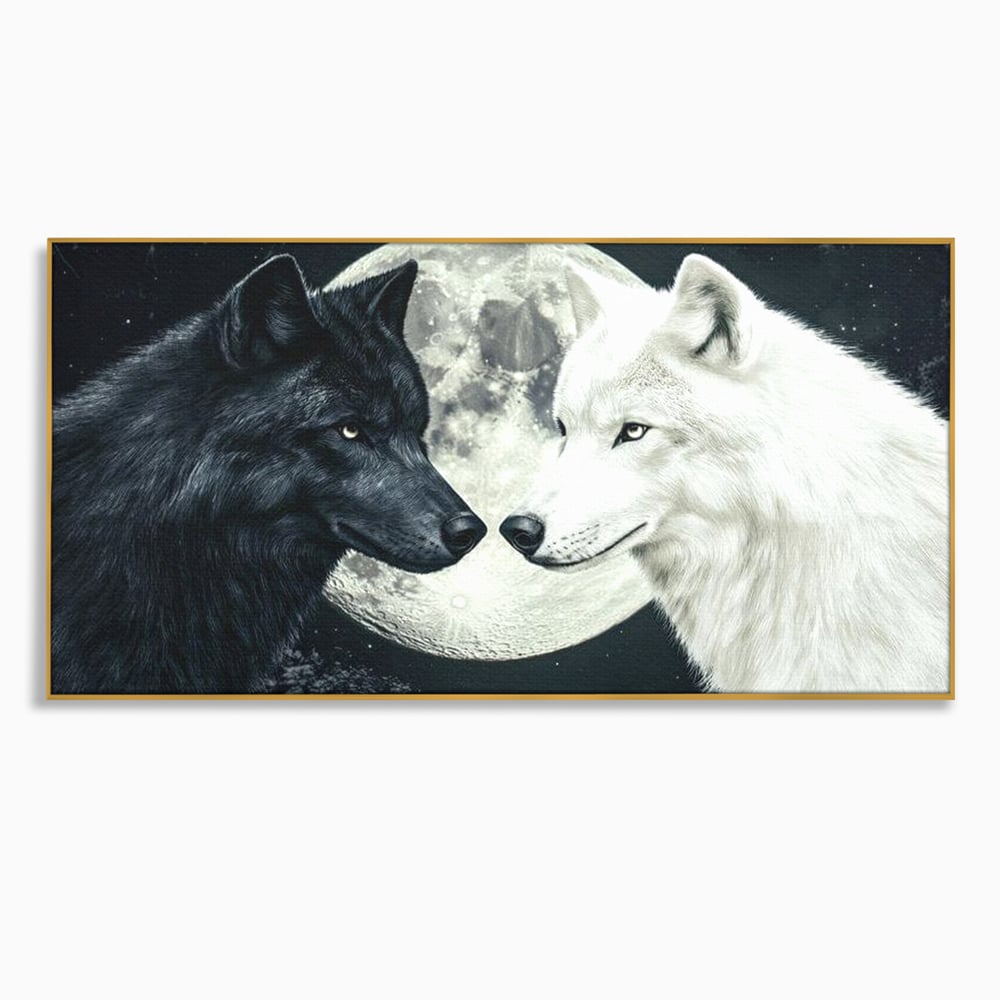 Tablou canvas cu tablou canvas cu doi lupi si luna plina, in rama de aluminiu auriu