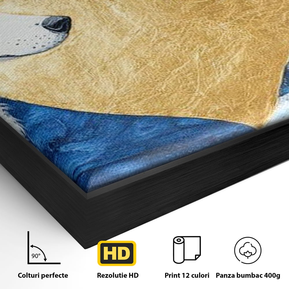 Detaliu al suprafetei: tablou canvas cu doi lupi si inima aurie, in rama de aluminiu negru