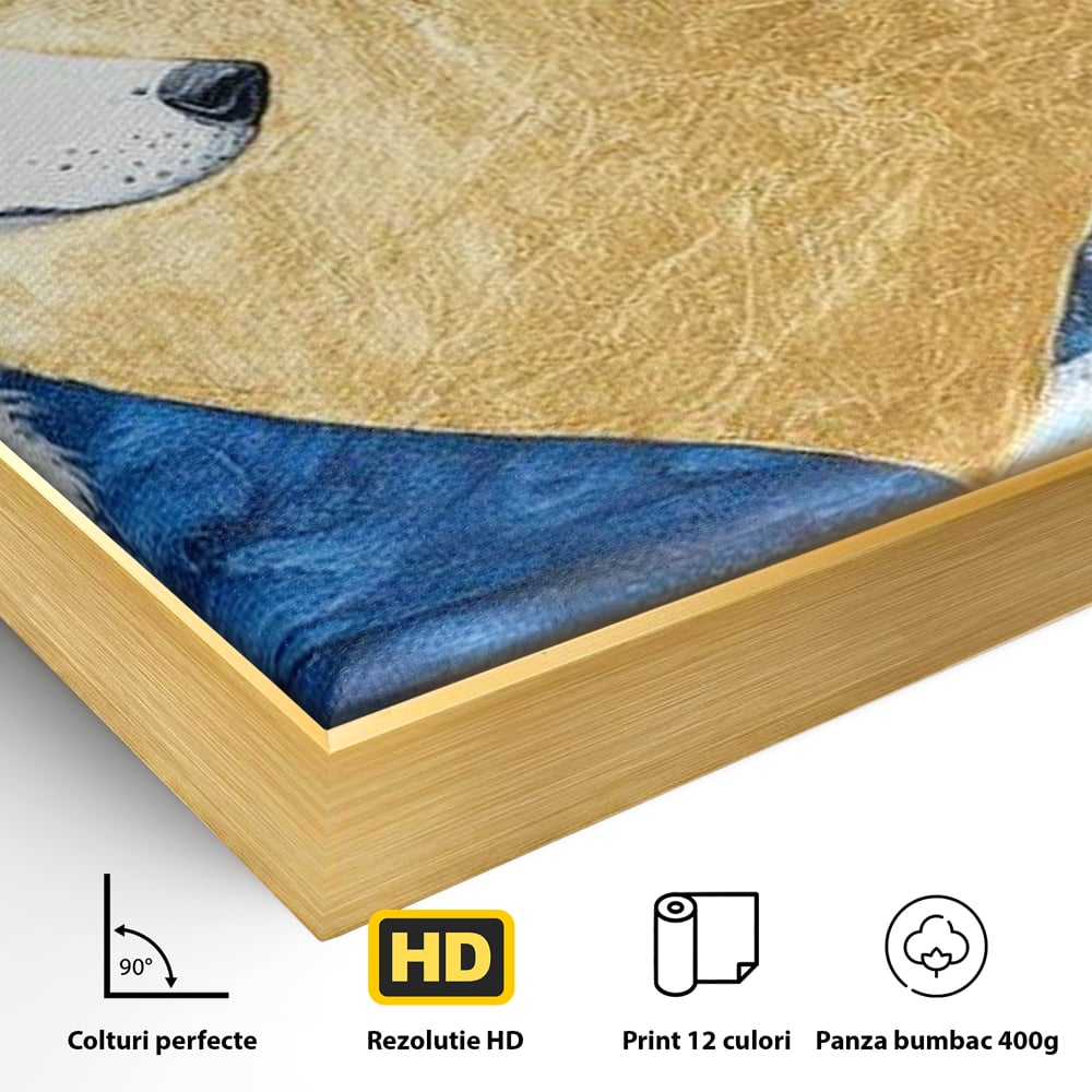 Detaliu al suprafetei: tablou canvas cu doi lupi si inima aurie, in rama de aluminiu auriu