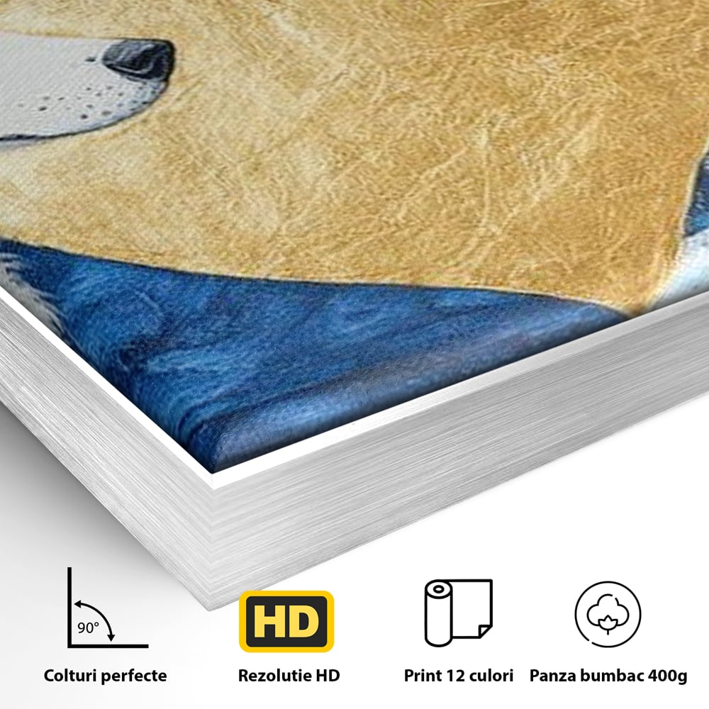 Detaliu al suprafetei: tablou canvas cu doi lupi si inima aurie, in rama de aluminiu argintiu