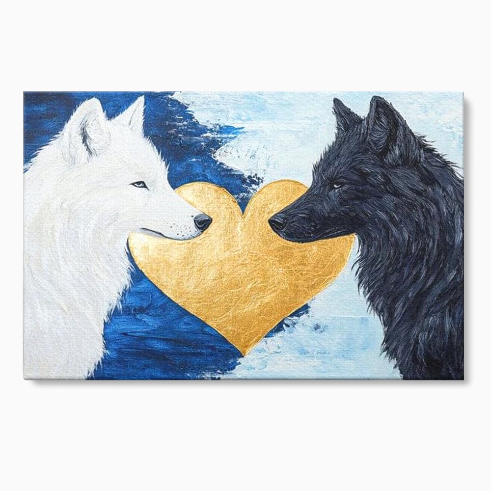 Tablou canvas cu tablou canvas cu doi lupi si inima aurie, fara rama, pe sasiu de lemn