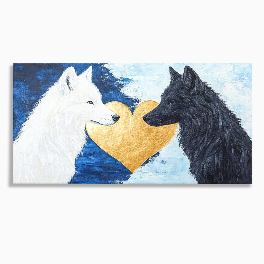 Tablou canvas cu tablou canvas cu doi lupi si inima aurie, fara rama, pe sasiu de lemn