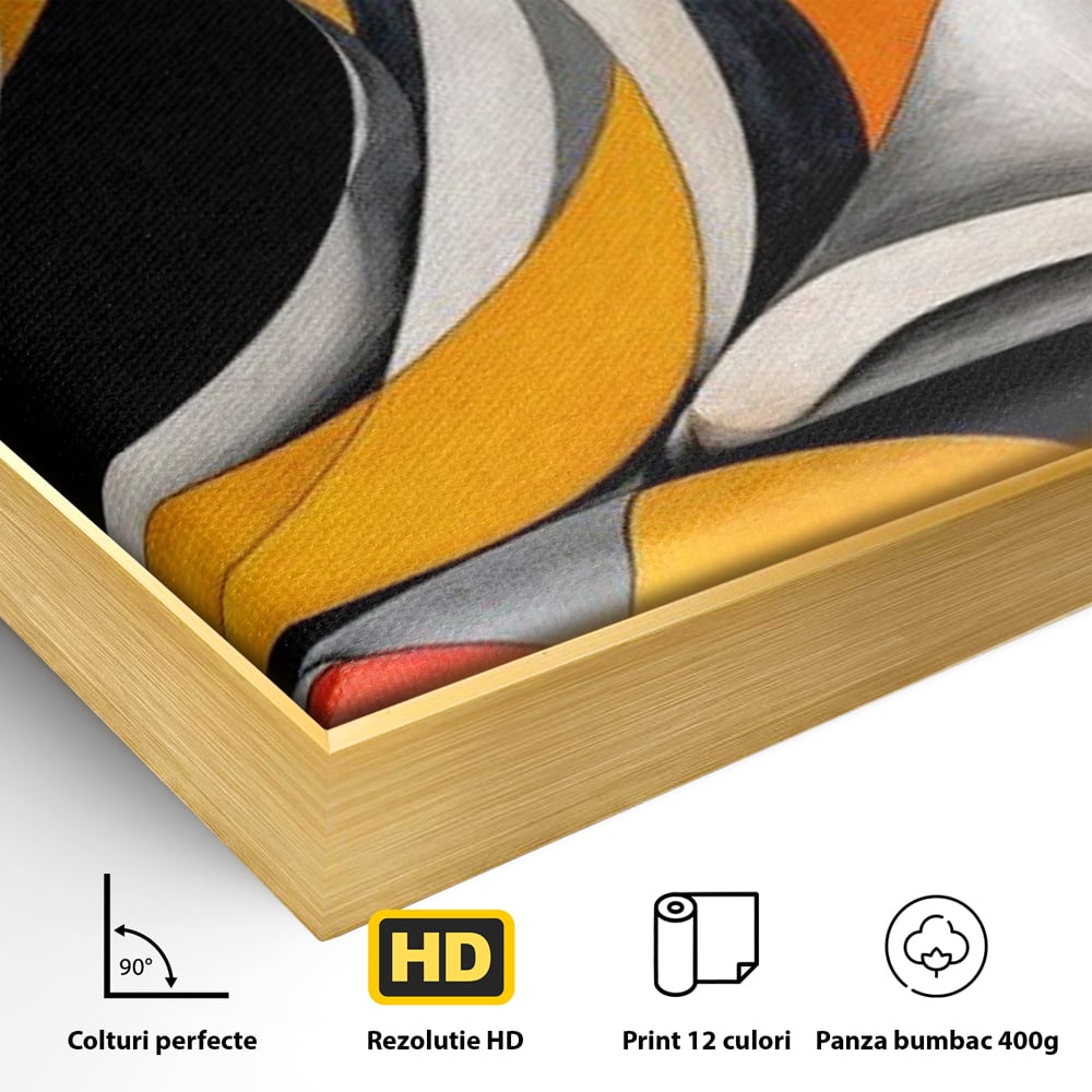 Detaliu al suprafetei: tablou canvas cu caine stilizat in forme geometrice, in rama de aluminiu auriu