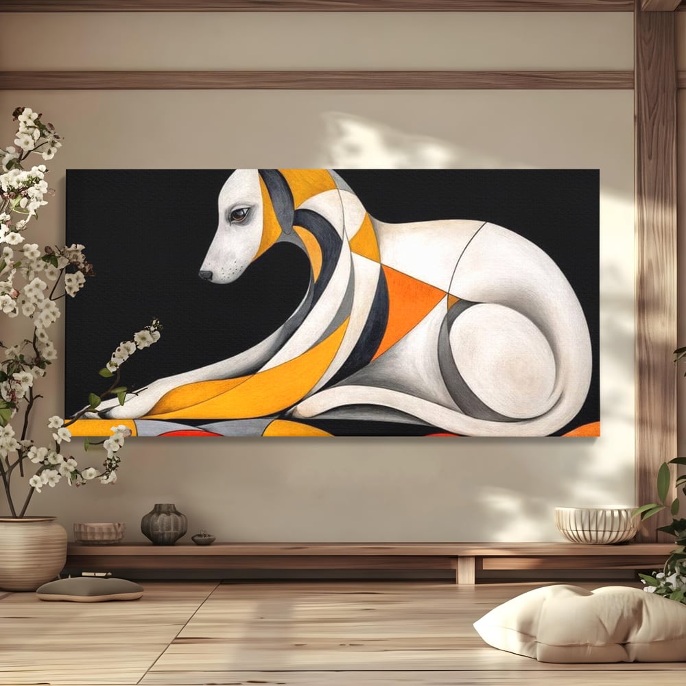 Tablou canvas cu tablou canvas cu caine stilizat in forme geometrice, fara rama, pe sasiu de lemn