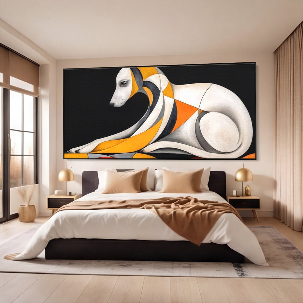 Tablou canvas cu tablou canvas cu caine stilizat in forme geometrice, in rama de aluminiu negru, pe perete intr-un dormitor