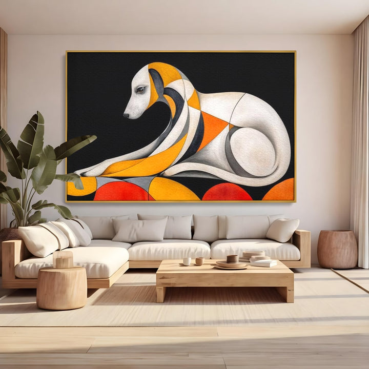 Tablou canvas cu tablou canvas cu caine stilizat in forme geometrice, in rama de aluminiu auriu, pe perete intr-un living