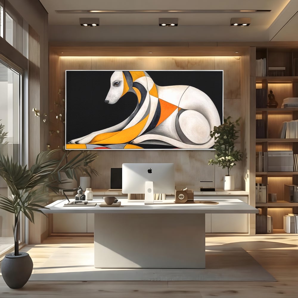 Tablou canvas cu tablou canvas cu caine stilizat in forme geometrice, in rama de aluminiu argintiu, pe perete intr-un birou
