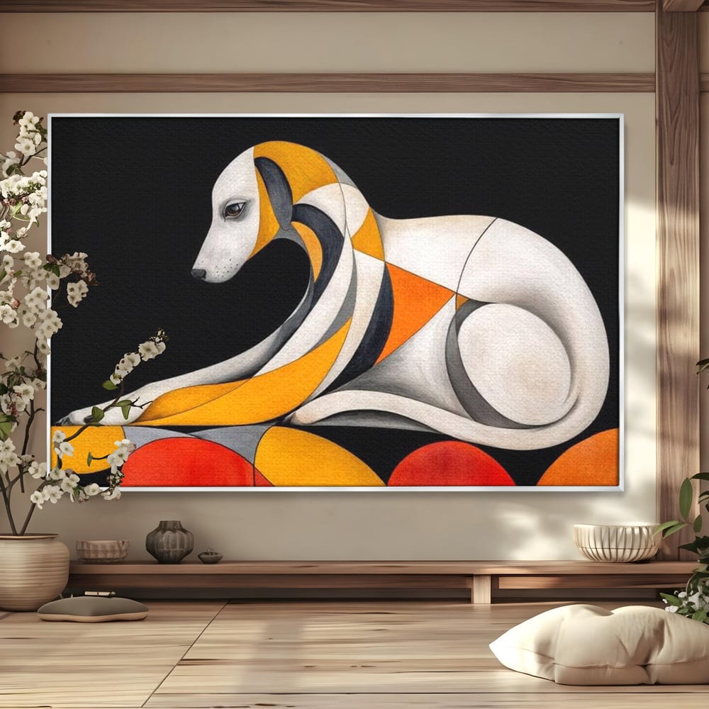 Tablou canvas cu tablou canvas cu caine stilizat in forme geometrice, in rama de aluminiu argintiu