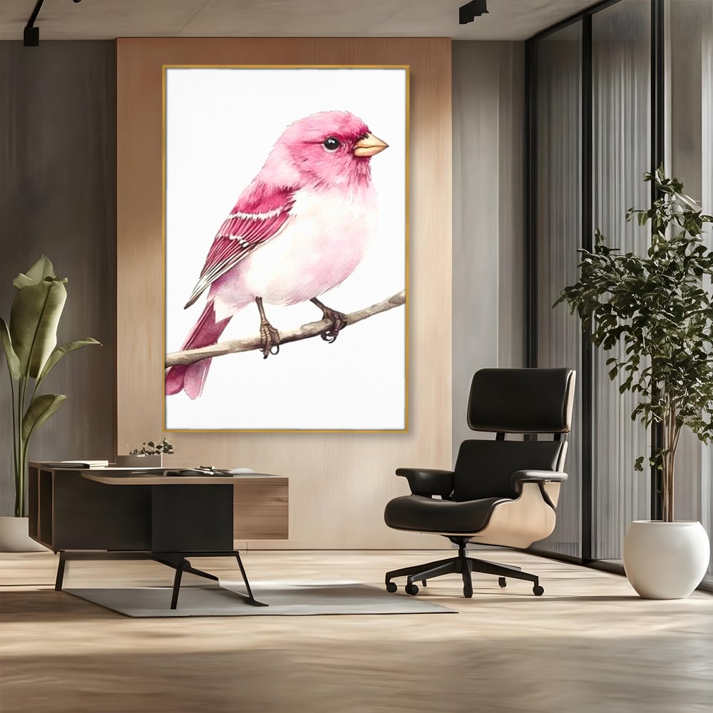 Tablou canvas cu tablou canvas cu pasare roz pe creanga, in rama de aluminiu auriu, pe perete intr-un birou