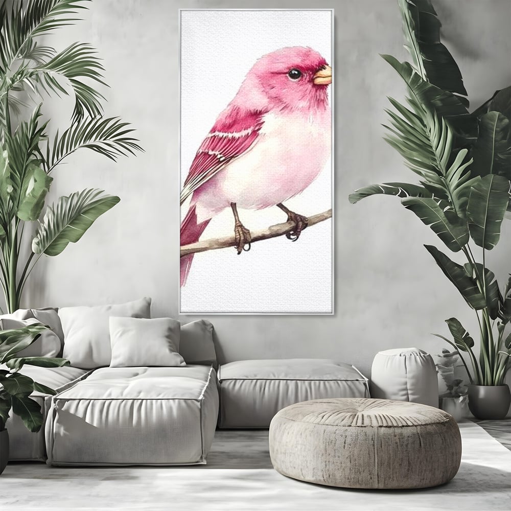 Tablou canvas cu tablou canvas cu pasare roz pe creanga, in rama de aluminiu argintiu, pe perete intr-un living