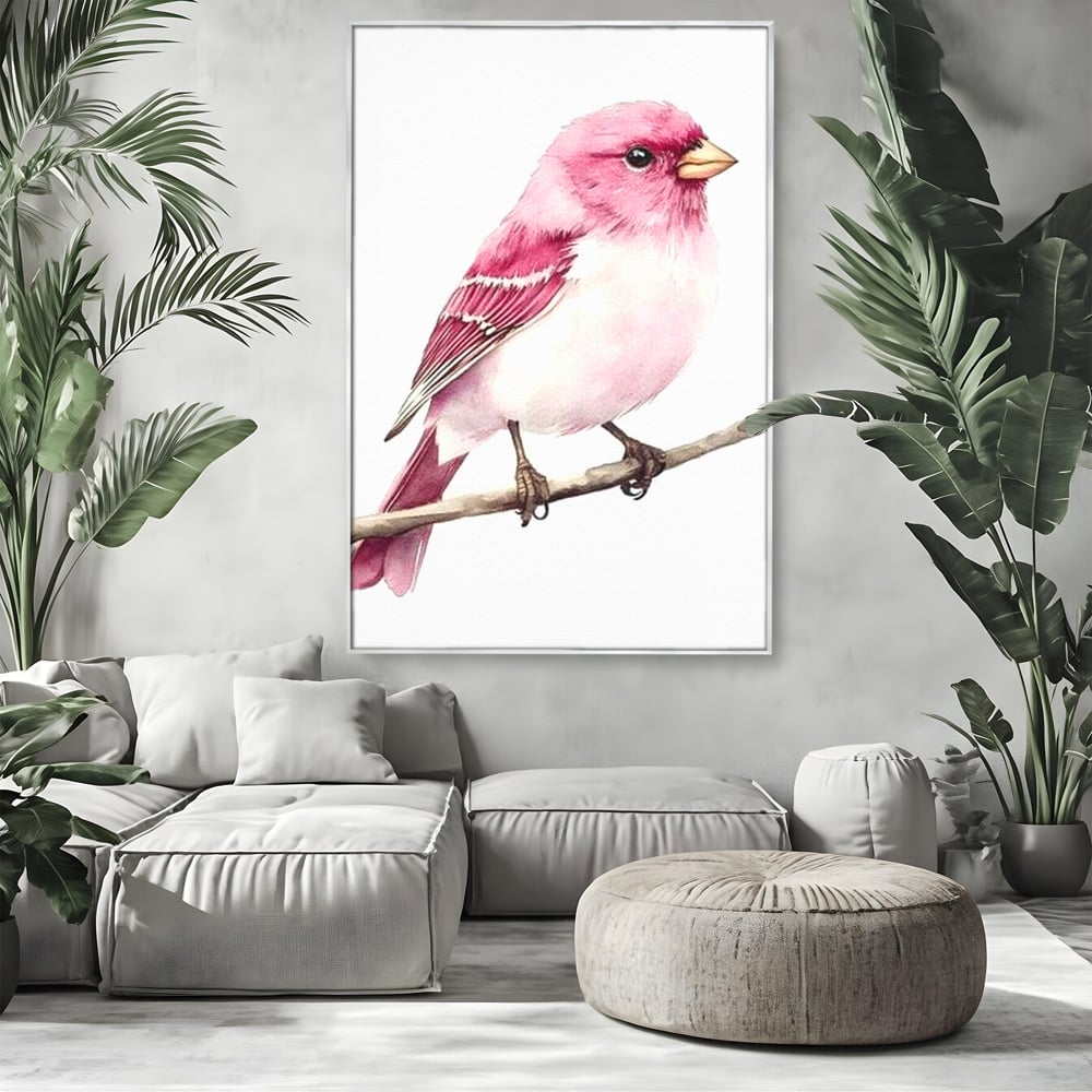 Tablou canvas cu tablou canvas cu pasare roz pe creanga, in rama de aluminiu argintiu, pe perete intr-un living
