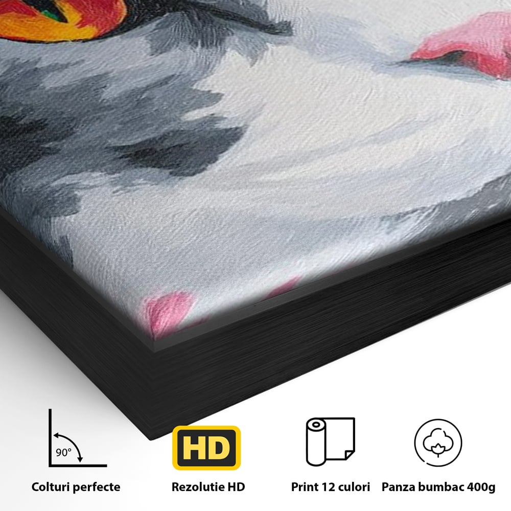 Detaliu al suprafetei: tablou canvas cu portret de pisica, in rama de aluminiu negru