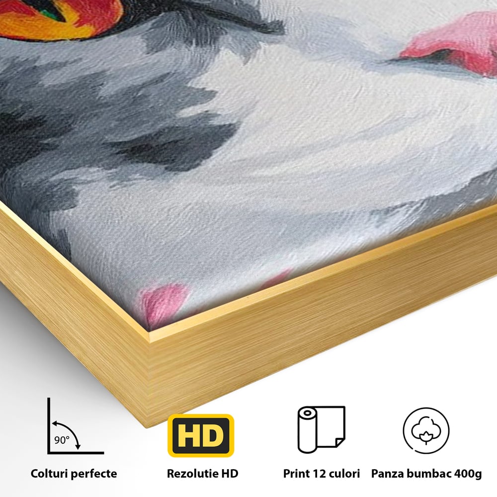 Detaliu al suprafetei: tablou canvas cu portret de pisica, in rama de aluminiu auriu