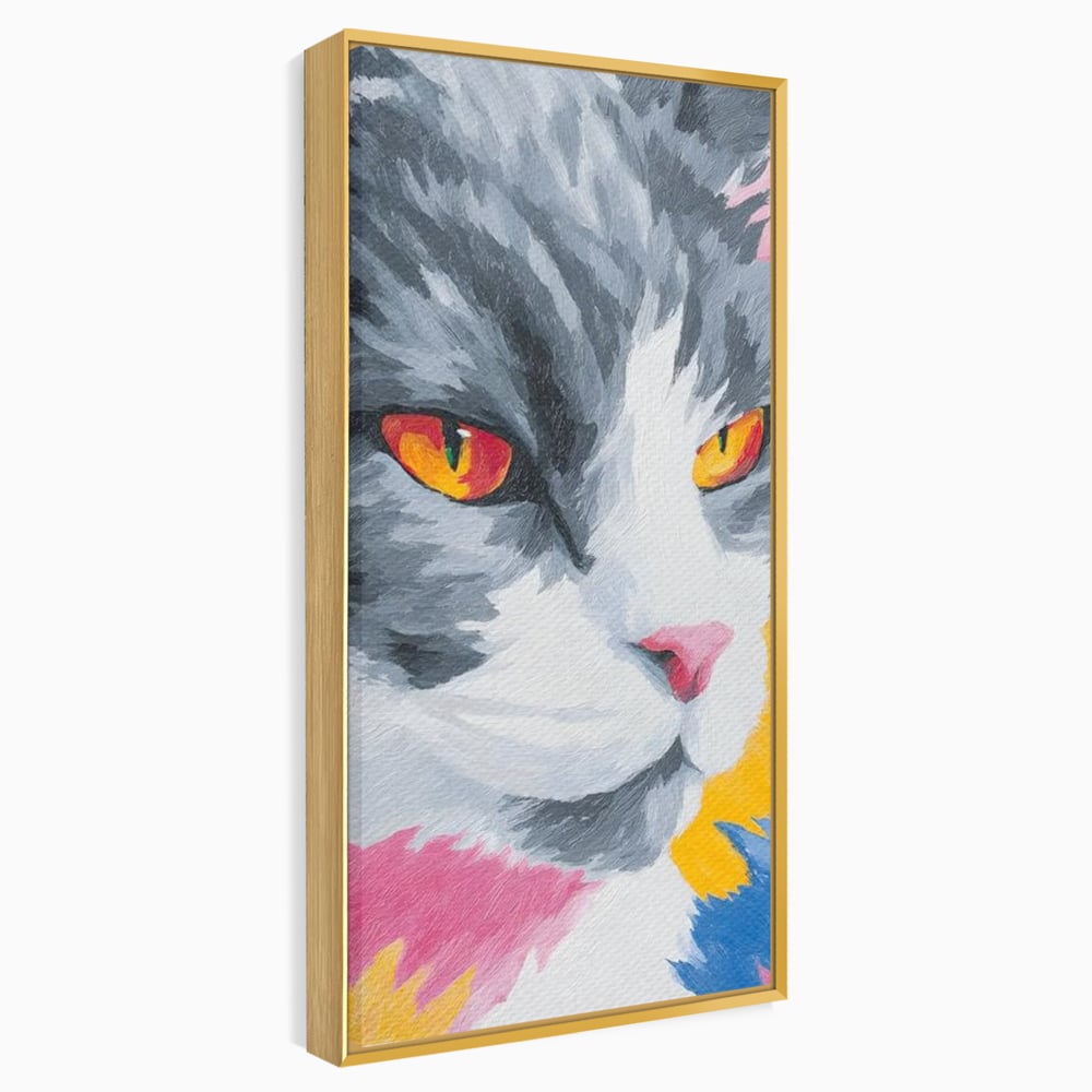 Tablou canvas cu tablou canvas cu portret de pisica, in rama de aluminiu auriu