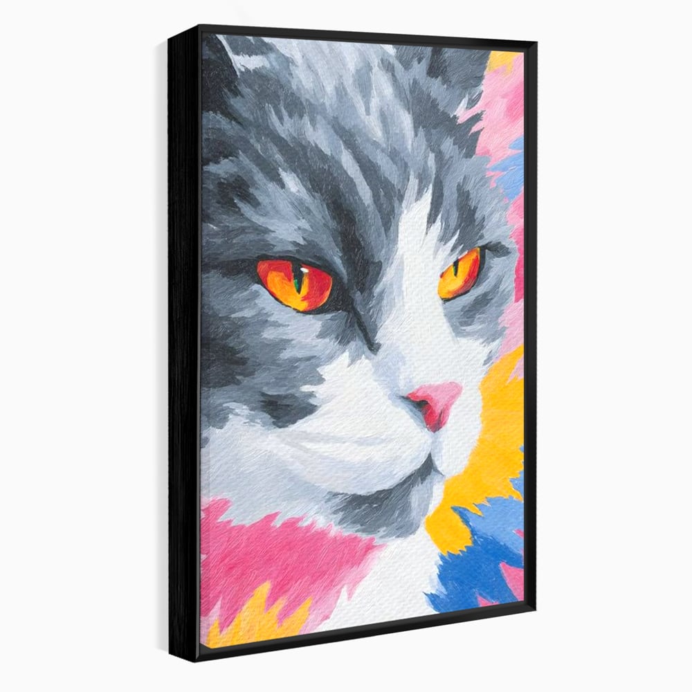 Tablou canvas cu tablou canvas cu portret de pisica, in rama de aluminiu negru