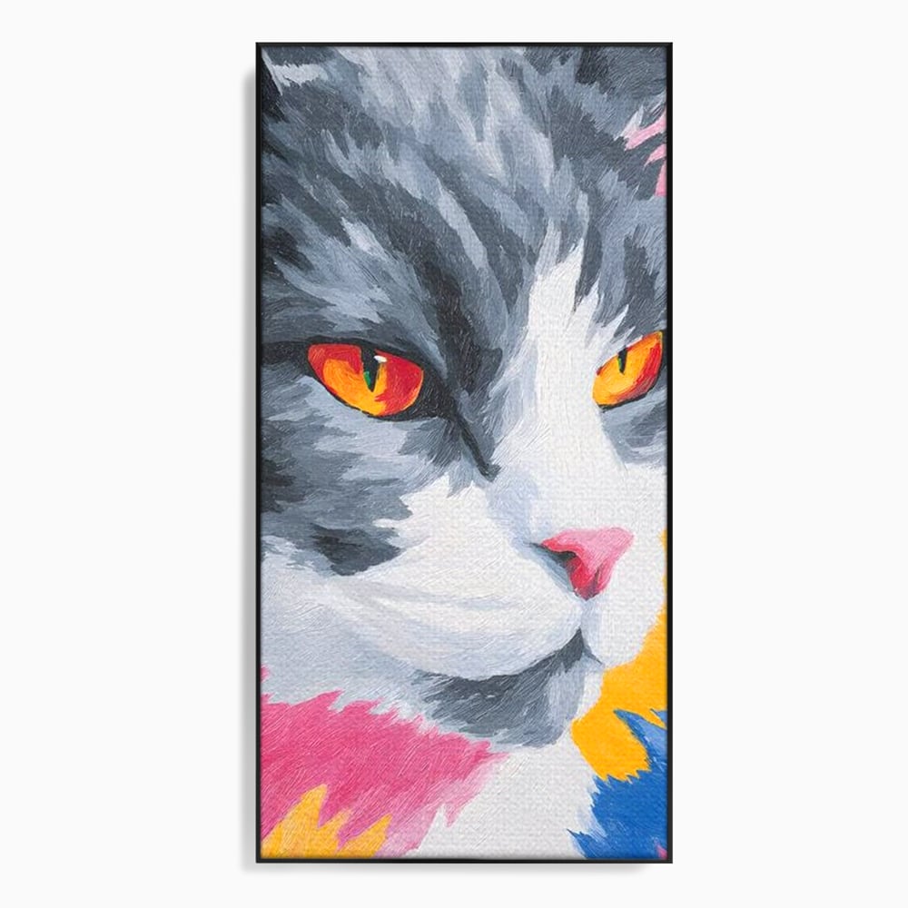 Tablou canvas cu tablou canvas cu portret de pisica, in rama de aluminiu negru