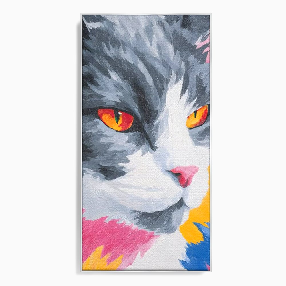 Tablou canvas cu tablou canvas cu portret de pisica, in rama de aluminiu argintiu