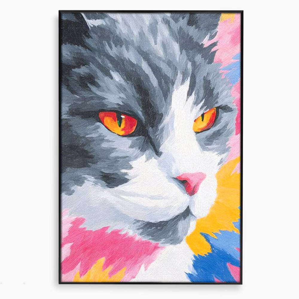 Tablou canvas cu tablou canvas cu portret de pisica, in rama de aluminiu negru