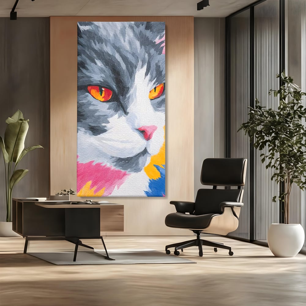 Tablou canvas cu tablou canvas cu portret de pisica, fara rama, pe sasiu de lemn, pe perete intr-un birou