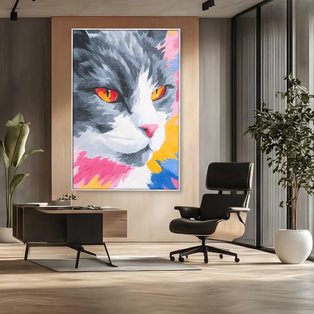 Tablou canvas cu tablou canvas cu portret de pisica, in rama de aluminiu argintiu, pe perete intr-un birou
