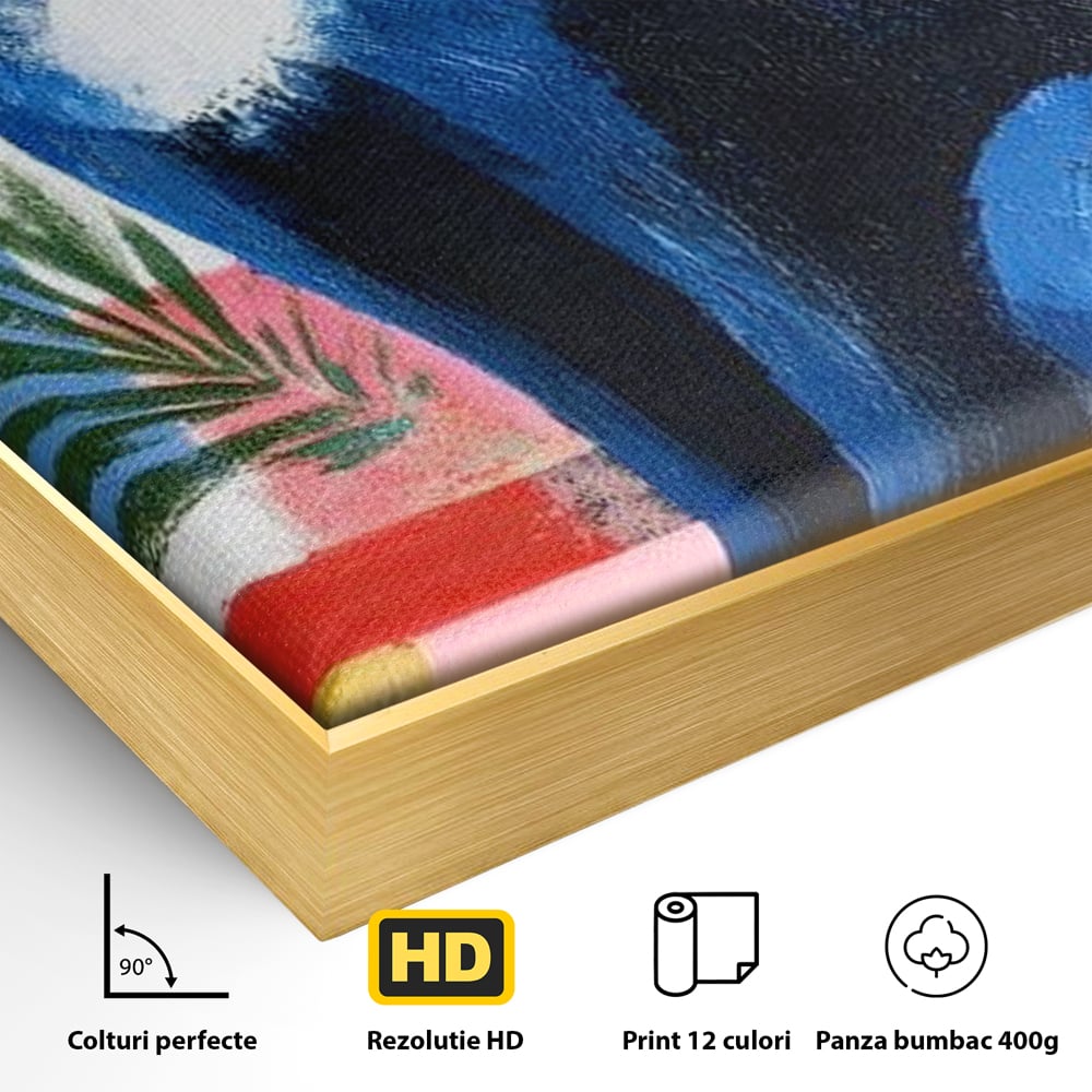 Detaliu al suprafetei: tablou canvas cu pisica albastra stilizata, in rama de aluminiu auriu