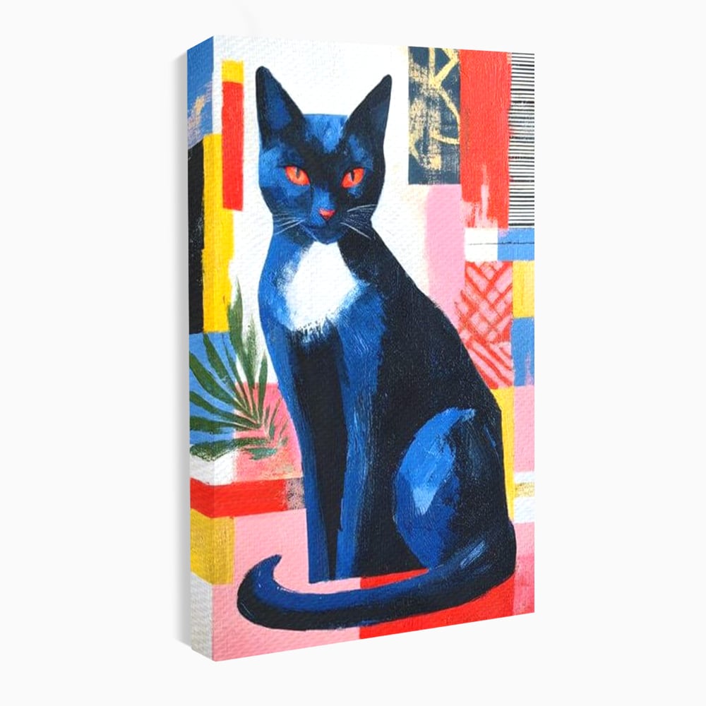 Tablou canvas cu tablou canvas cu pisica albastra stilizata, fara rama, pe sasiu de lemn