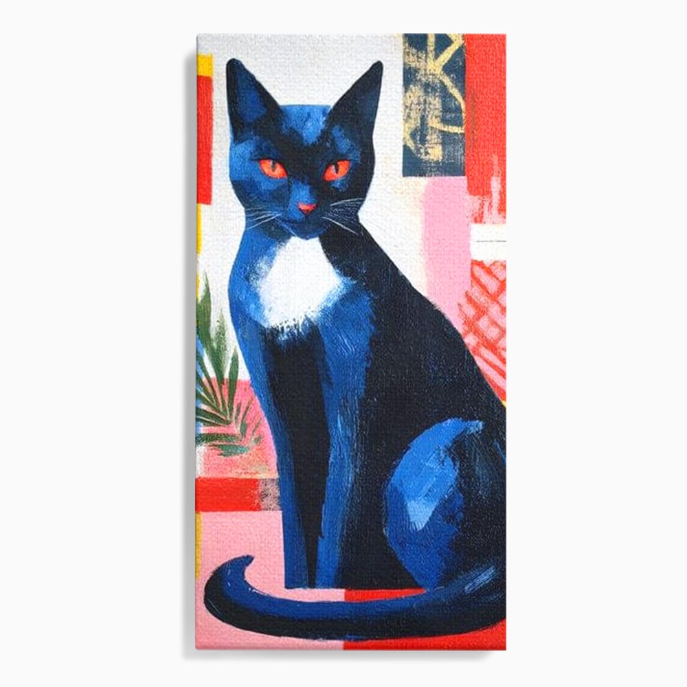 Tablou canvas cu tablou canvas cu pisica albastra stilizata, fara rama, pe sasiu de lemn