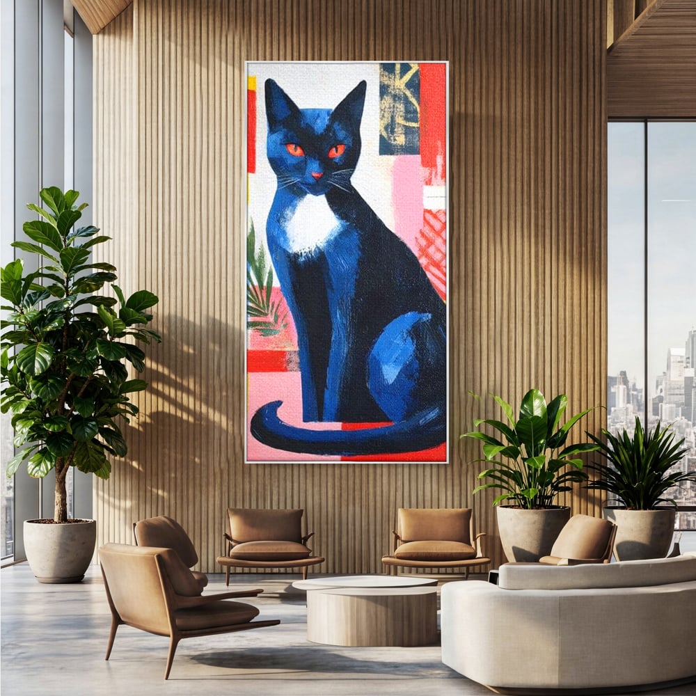Tablou canvas cu tablou canvas cu pisica albastra stilizata, in rama de aluminiu argintiu, pe perete intr-un birou