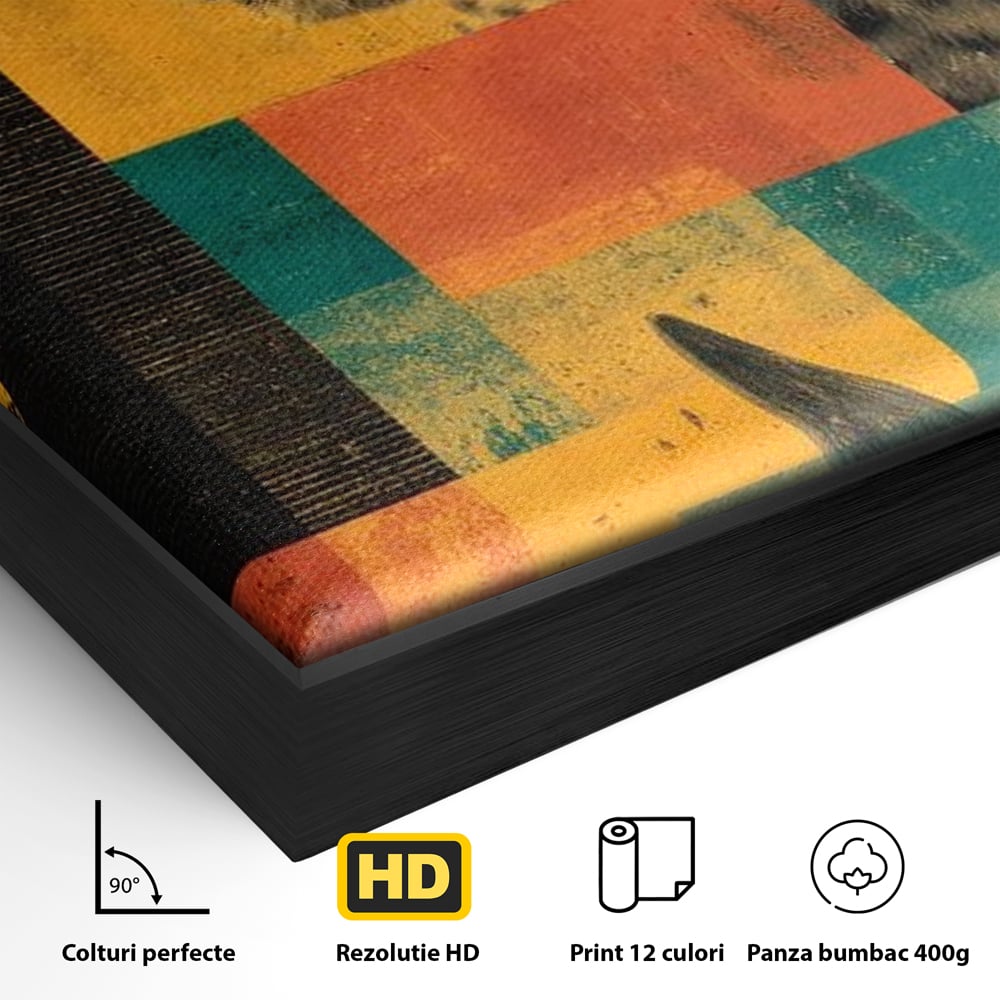 Detaliu al suprafetei: tablou vertical cu leopard si rinocer, in rama de aluminiu negru