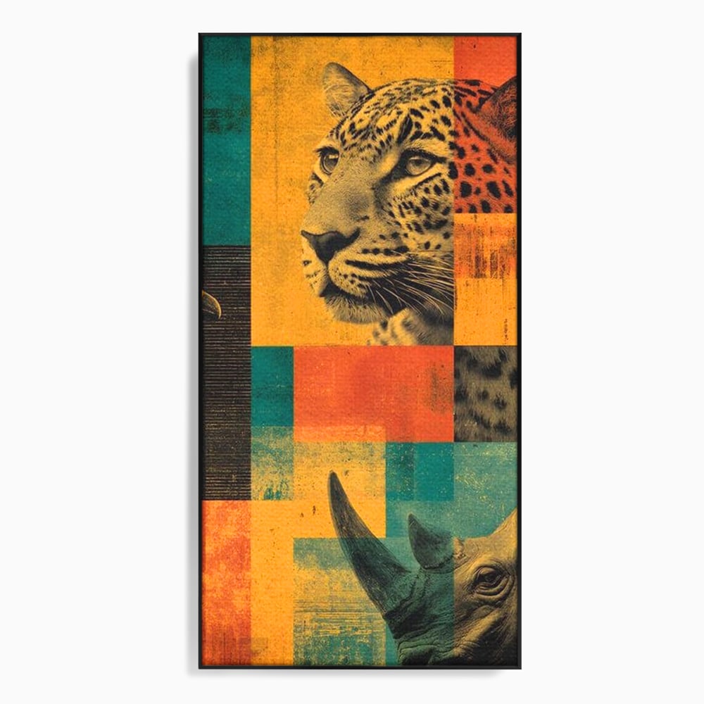 Tablou canvas cu tablou vertical cu leopard si rinocer, in rama de aluminiu negru