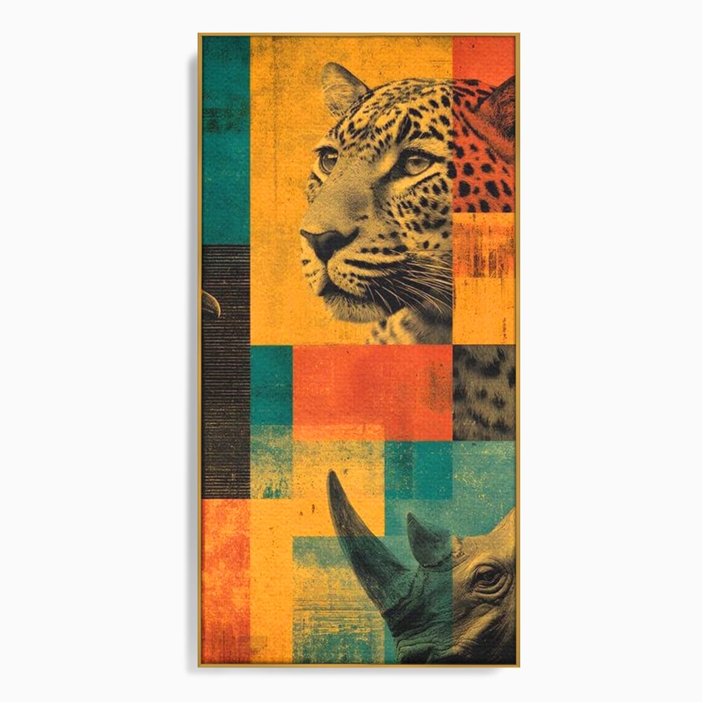 Tablou canvas cu tablou vertical cu leopard si rinocer, in rama de aluminiu auriu