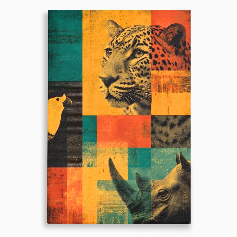 Tablou canvas cu tablou vertical cu leopard si rinocer, fara rama, pe sasiu de lemn