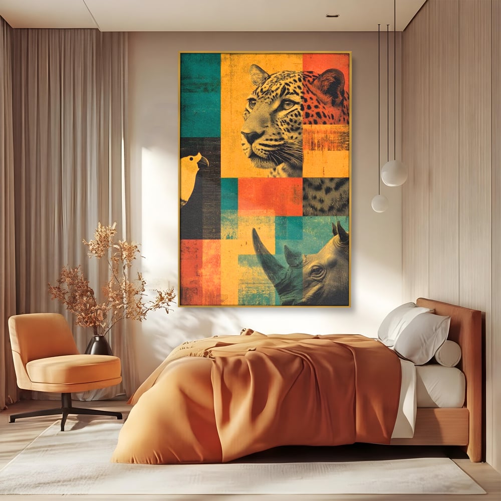 Tablou canvas cu tablou vertical cu leopard si rinocer, in rama de aluminiu auriu, pe perete intr-un dormitor