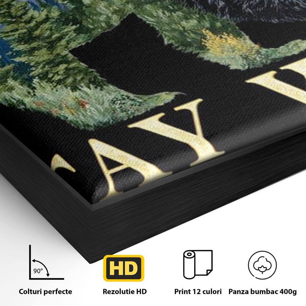Detaliu al suprafetei: tablou canvas cu silueta de urs si munti, in rama de aluminiu negru
