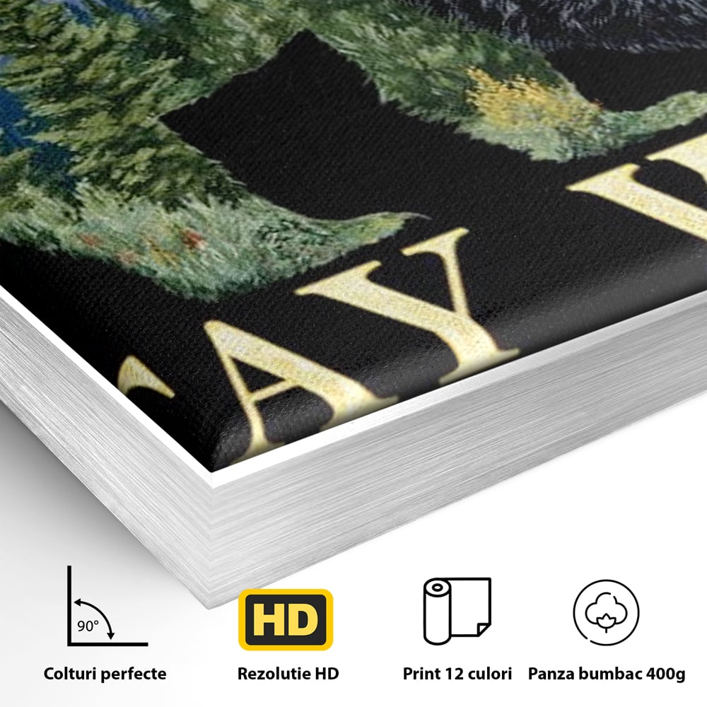 Detaliu al suprafetei: tablou canvas cu silueta de urs si munti, in rama de aluminiu argintiu