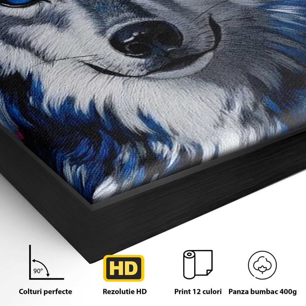 Detaliu al suprafetei: tablou canvas cu lup incoronat, in rama de aluminiu negru